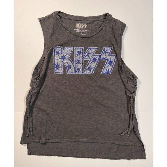 Lucky Brand KISS Band Tank Glitter Lettering Star Tank Side Tie Grey Size Large - Picture 3 of 10